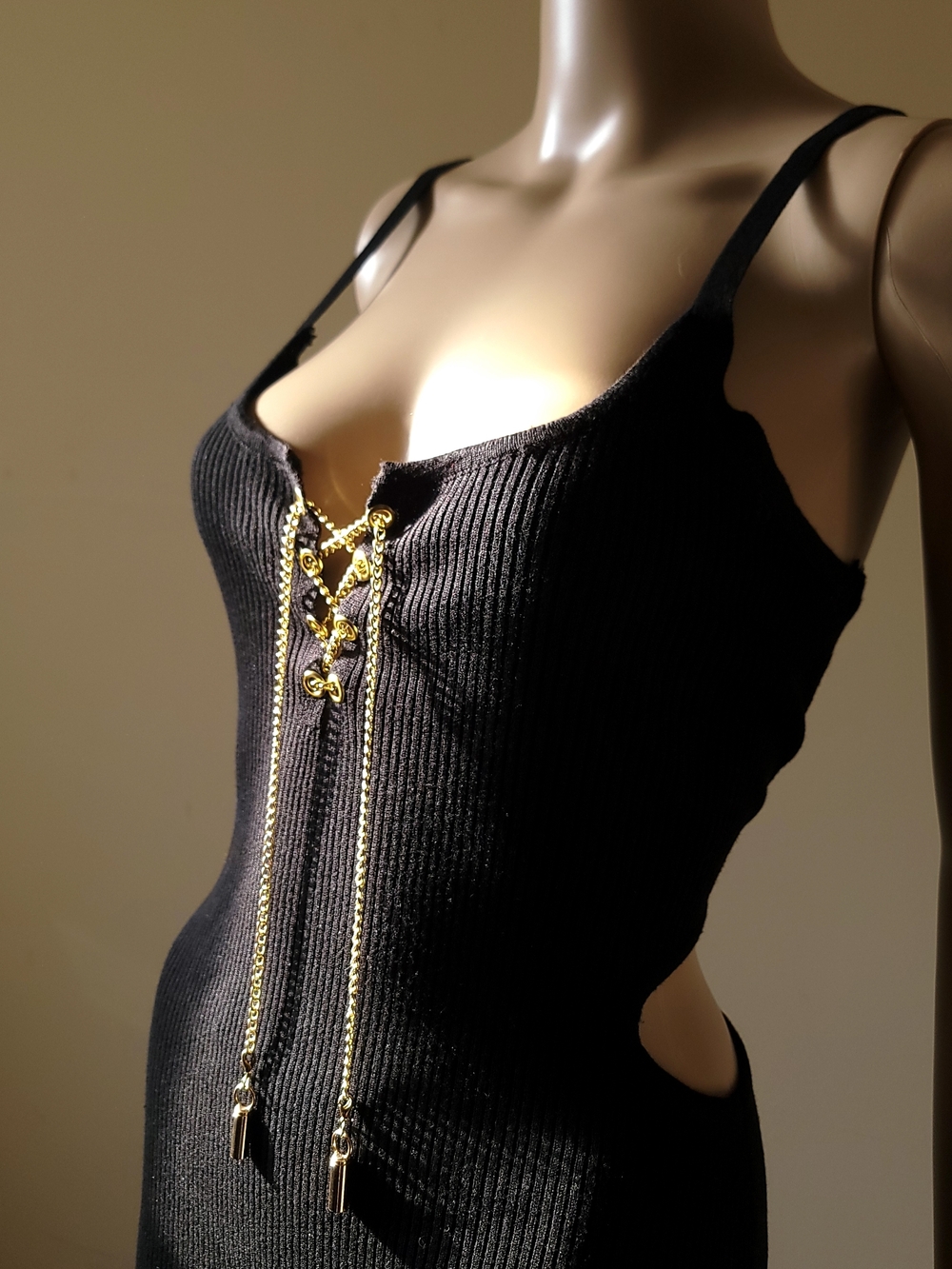 Black Ribbed Lace-Up Dress with Gold Chain Detail